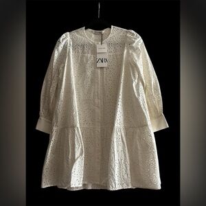 Zara White Openwork Embroidered Long Sleeve mini Dress size XS NWT